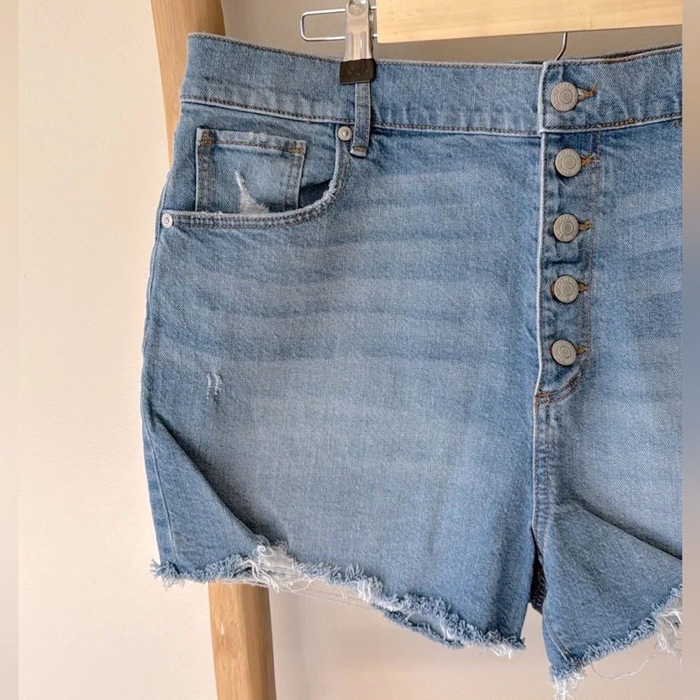 LOFT Button Front High Rise Destructed Cut Off Blue Denim Jean Shorts 32/14